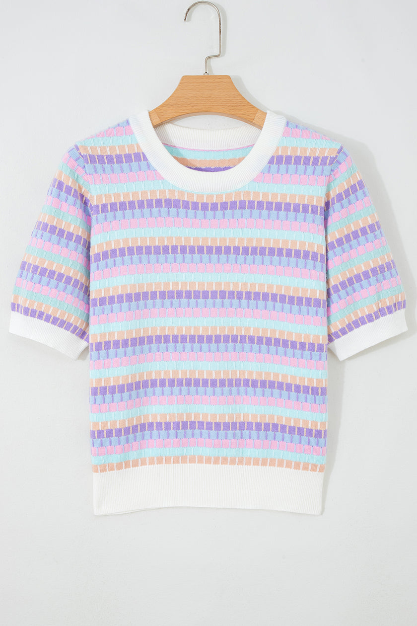 Purple Abstract Striped Knit Short Sleeve Sweater