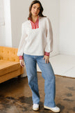 White Textured Knit Contrast Striped Accent Zipped Collar Pullover Top