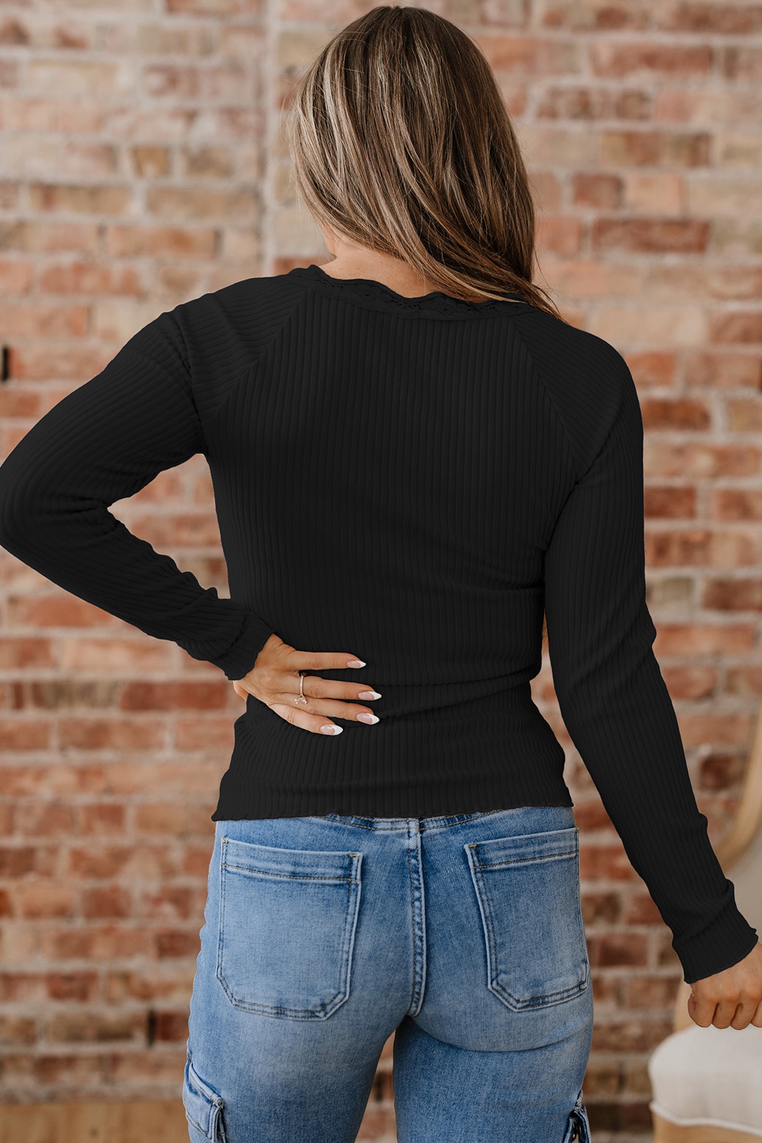 Black Lace Neckline Button Decor Lettuce Edge Long Sleeve Ribbed Top