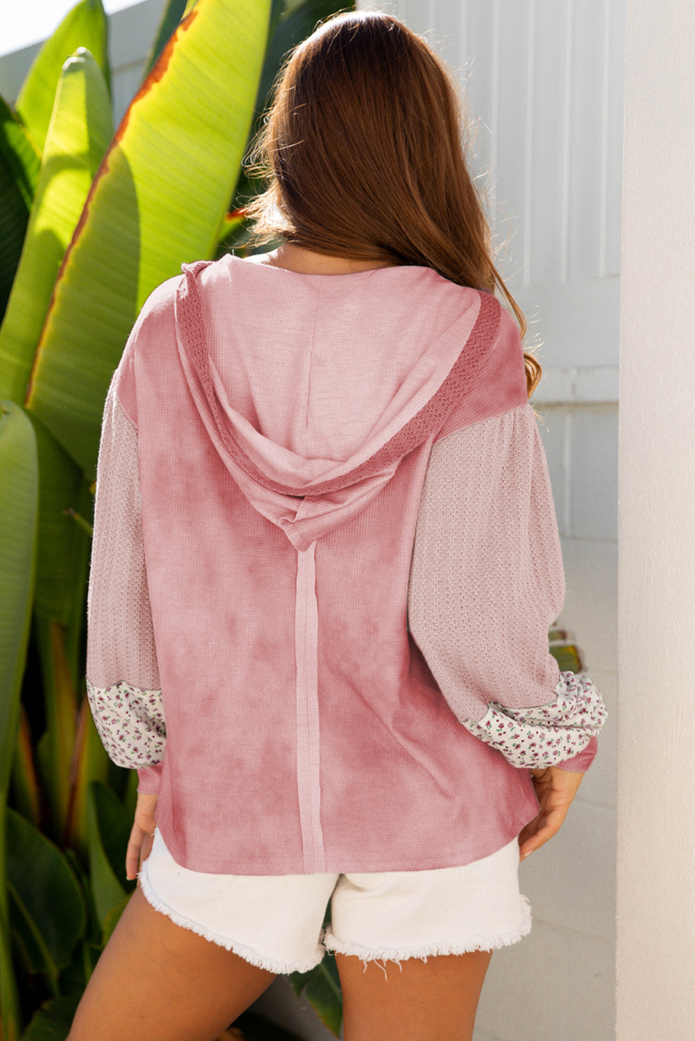 Green Floral Patched Waffle Textured Colorblock V Neck Casual Hooded Top