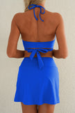 Dark Blue Crossover Tie Back Halter Bikini with Swim Bottoms
