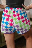 Black Checkered Drawstring Elastic Waist Casual Shorts