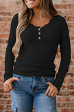 Black Lace Neckline Button Decor Lettuce Edge Long Sleeve Ribbed Top