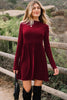 Red Dahlia Frilled Neck Ribbed Knit Patchwork Long Sleeve Mini Dress