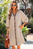 Khaki Stripe Square Button Leopard Trim Loose Bracelet Sleeve Shirt Dress