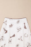 White Western Print Satin Long Skirt