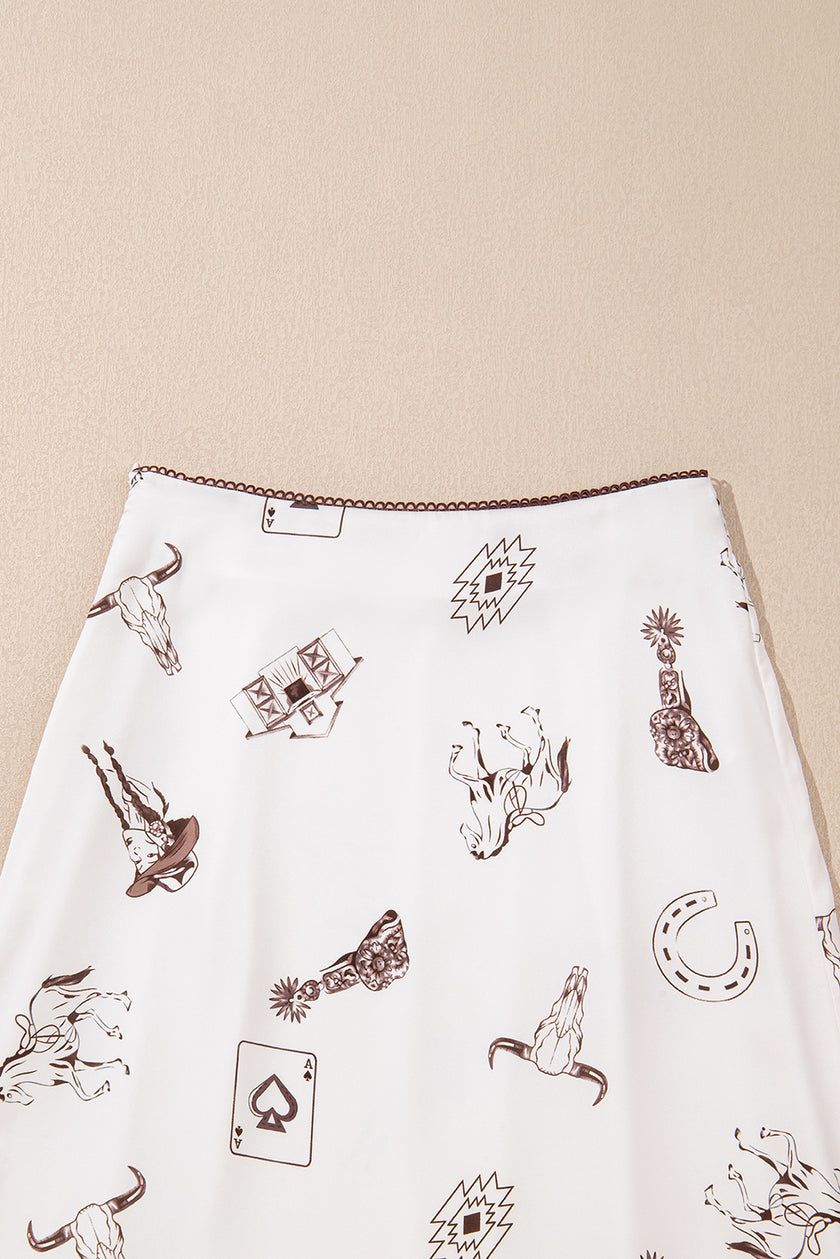 White Western Print Satin Long Skirt
