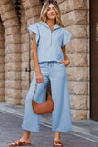 Apricot Textured Ruffled Sleeve Zipped Top and Wide Leg Pants Set