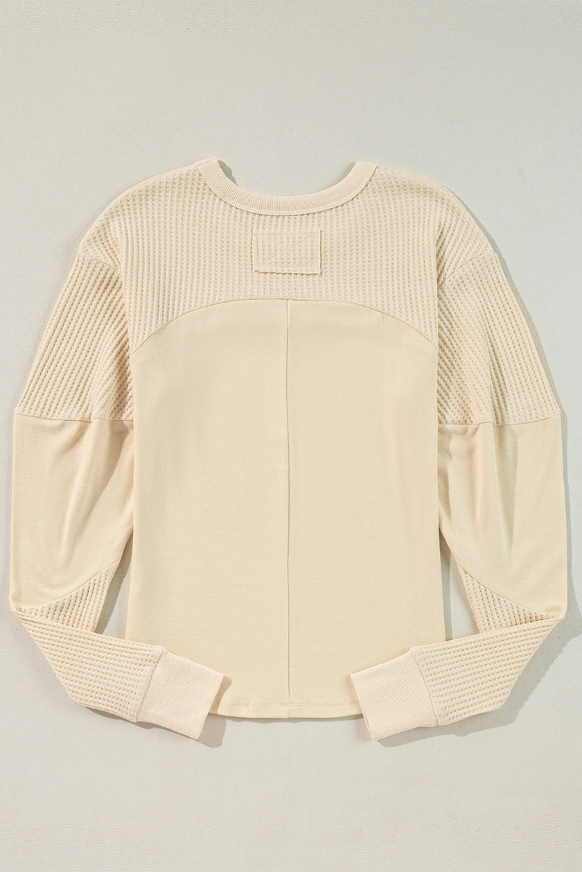 Beige Thermal Knit Patchwork Exposed Seam Long Sleeve Top