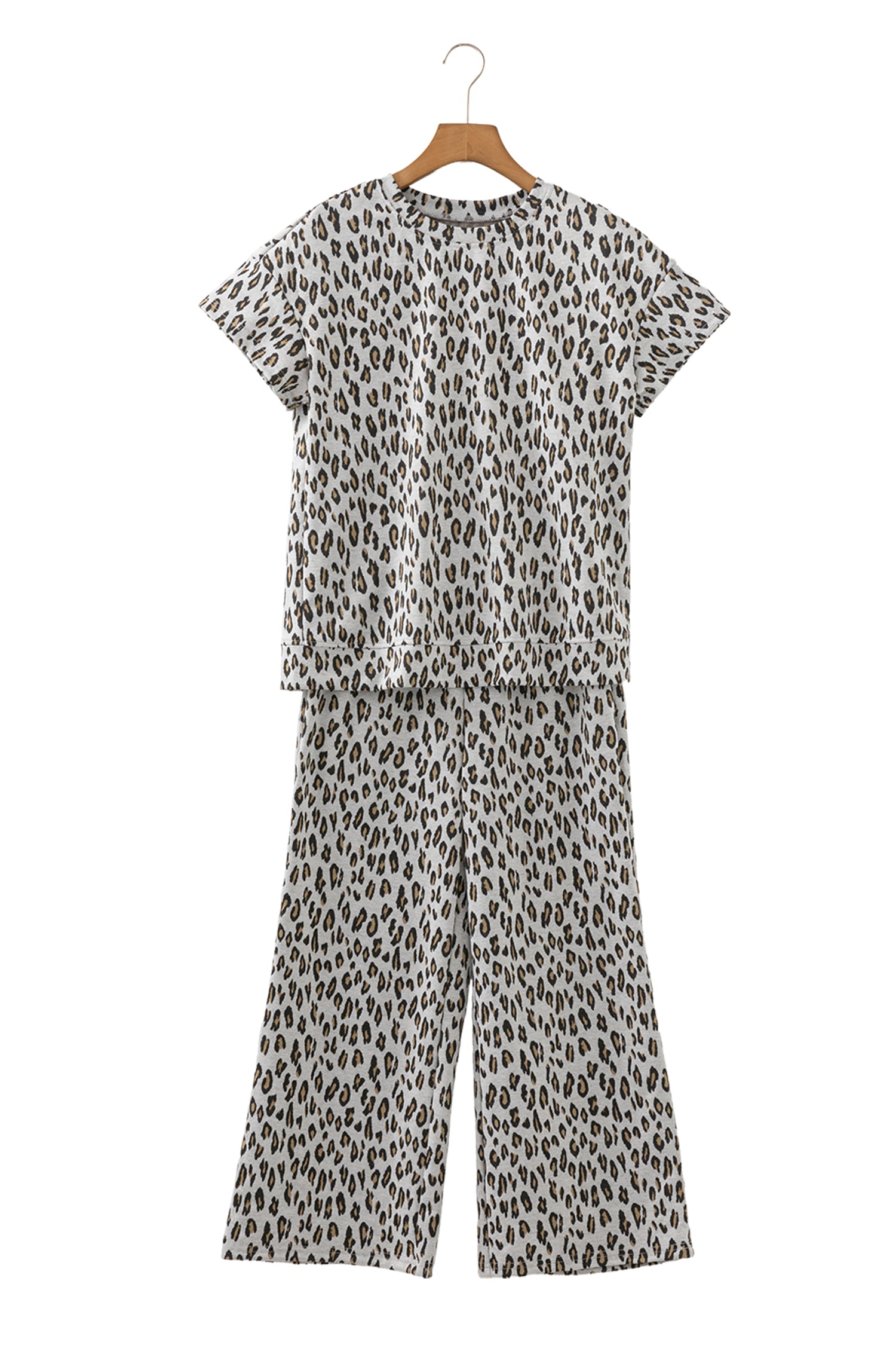 Beige Leopard Print Casual Tee and Pants 2pcs Outfit