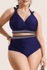 Navy Blue Embroidered Trim Wrap Tie Knot Plus Size High Waisted Bikini Set