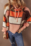 Orange Color Block Waffle Knit Drawstring Mock Neck Sweater