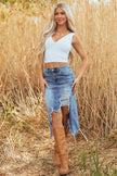 Dearlove Myosotis Irregular Distressed Bottom Denim Midi Skirt