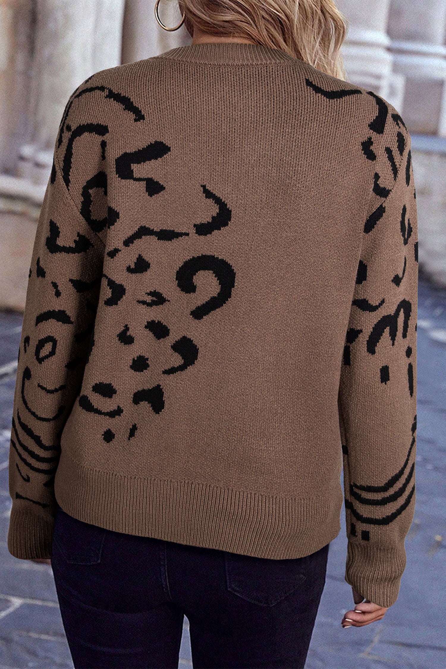 Beige Asymmetric Leopard Print Detail Drop Shoulder Sweater