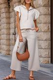 Apricot Textured Ruffled Sleeve Zipped Top and Wide Leg Pants Set