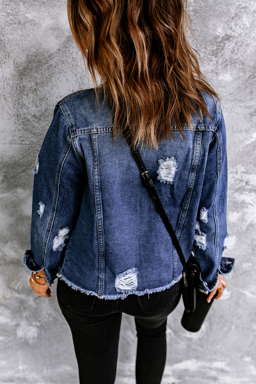 Black Lapel Distressed Raw Hem Buttons Denim Jacket