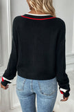 Black Contrast Striped Trim V Neck Drop Shoulder Sweater