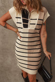 Black Stripe Color Block Quarter Zip Collar Short Sleeve Sweater Dress