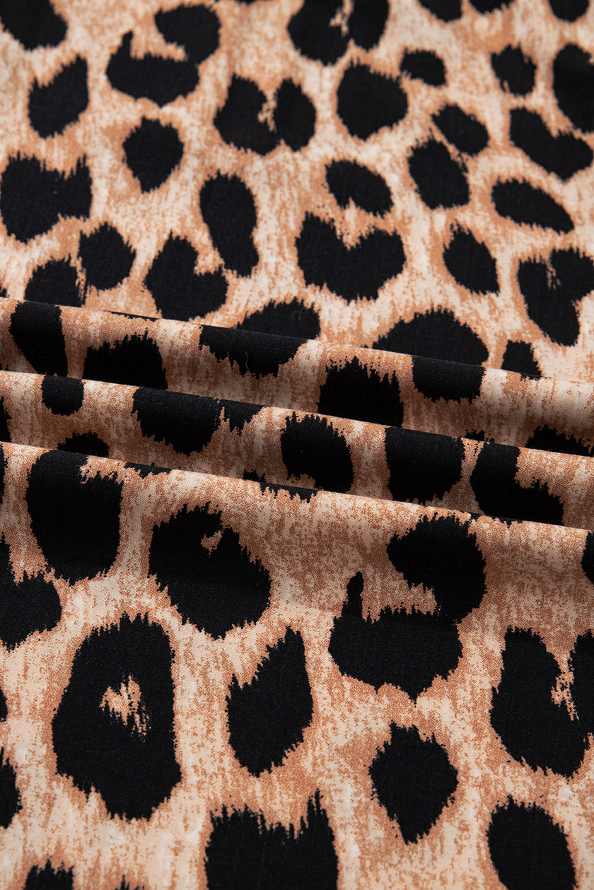 Brown Leopard Print Smocked Detail Flowy Midi Dress