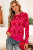 Rose Red Glitter Rhombus Pattern Knit Womens Casual Sweater