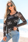 Black Round Neck Bow Print Long Sleeve Mesh Top