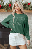 Blackish Green Twisted Rib Outlined Merry Letter Graphic Loose Long Sleeve Top