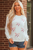 White Sequin Bow Baseball Patched Casual Sweatshirt