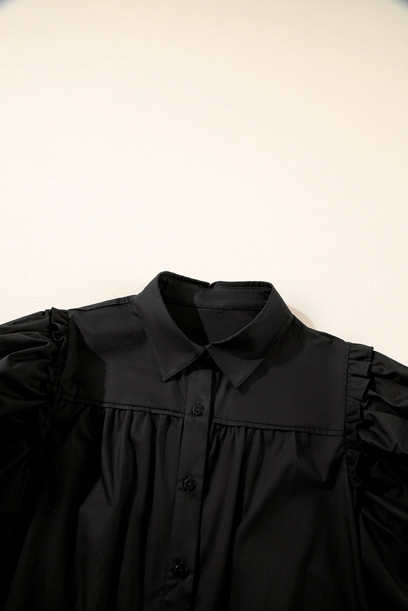 Black Frilly Puff Sleeve Stylish Collared Shirt