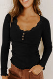 Black Lace Neckline Button Decor Lettuce Edge Long Sleeve Ribbed Top