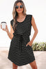 Black Stripe Drawstring Tunic Tank Mini Dress with Pockets