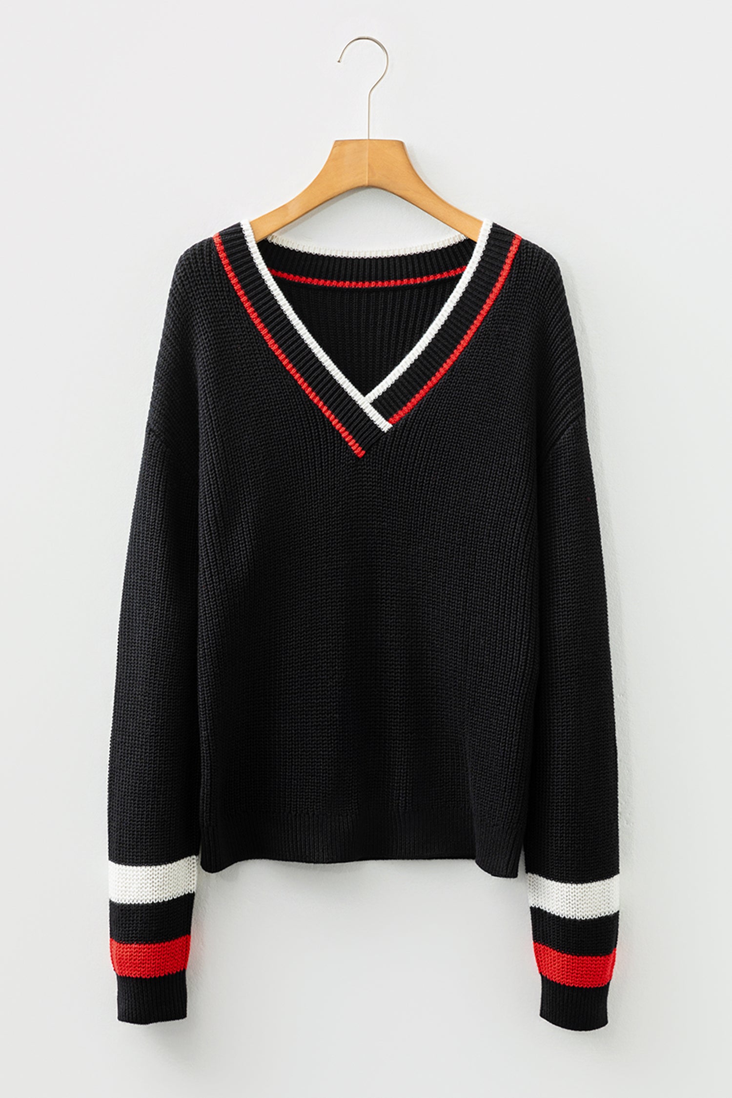 Black Contrast Striped Trim V Neck Drop Shoulder Sweater