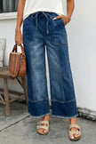 Beau Blue Drawstring Seam Detail Raw Hem Wide Leg Denim Pants
