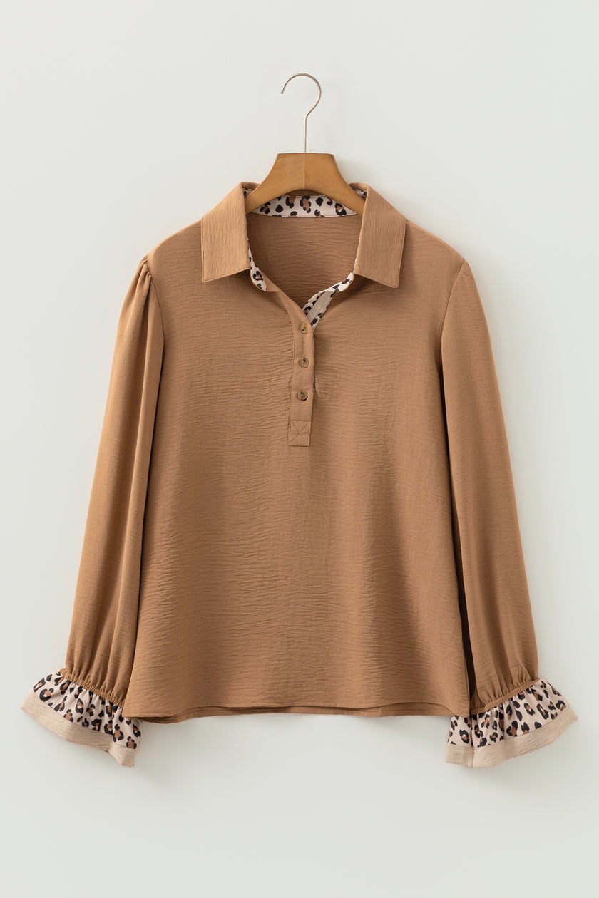 Black Contrast Leopard Print Patchwork Polo Collar Buttons Front Ruffled Long Sleeve Blouse
