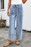 Beau Blue Drawstring Seam Detail Raw Hem Wide Leg Denim Pants