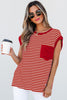 Red Stripe Chest Pocket Patch Round Neck Tank Top
