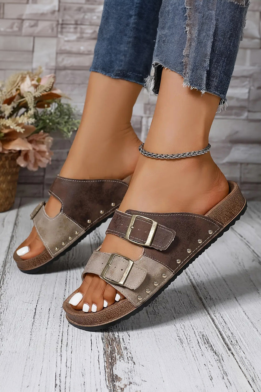 Color black Leopard Two-tone Retro Buckle Straps Hollowed Faux Suede Slippers