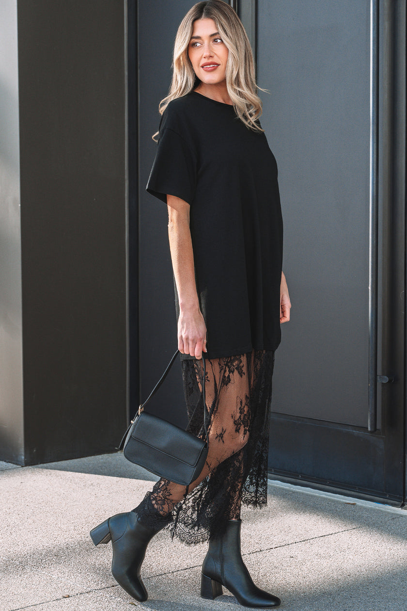 Black Floral Patchwork Short Sleeve T Shirt Loose Maxi Dress