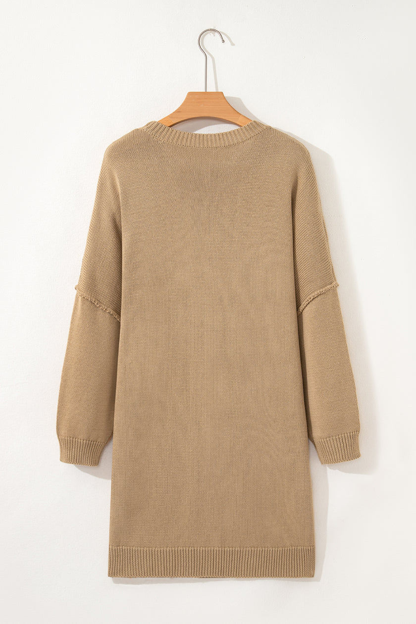 Pale Khaki Exposed Seam Drop Shoulder Oversize Sweater Mini Dress