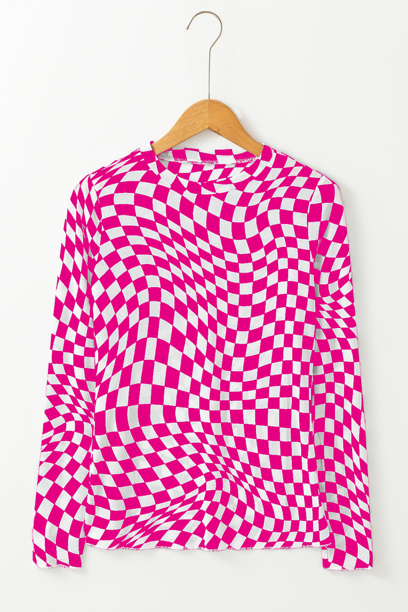 Black Checkered Pattern Mesh Mock Neck Long Sleeve Top