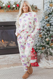 Apricot Floral Print Pullover Drawstring Lounge Pants Set