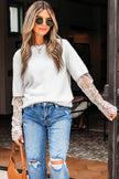 Beige Lace Sleeve Patchwork Faux Two-piece Fuzzy Sweater