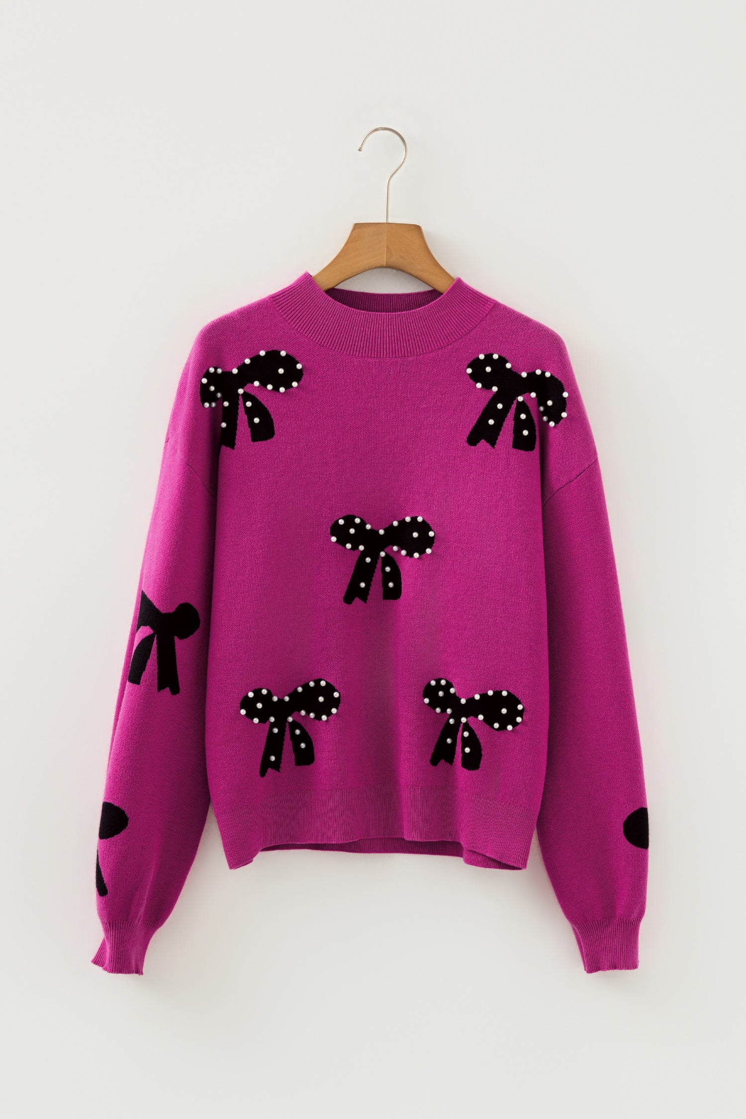 Blackish Green Pearl Embellished Bow Pattern Loose Sweater