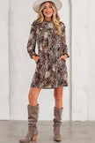 Brown Leopard Ruffled Detail Long Sleeve Loose Mini Dress