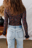 Dear Lover Black Floral Print Smocked Cuff Slim Fit Mesh Bodysuit