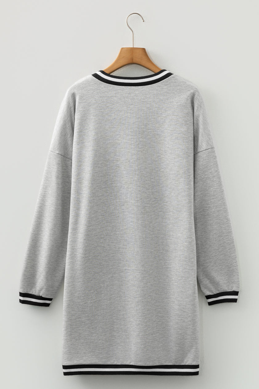 Light Grey Striped Trim V Neck Long Sleeve Preppy T Shirt Dress