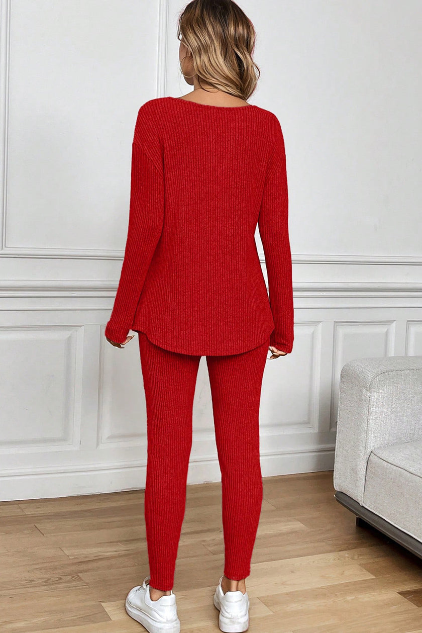 Racing Red Ribbed Notched Neck Knit Long Sleeve Leggings Two Pieces Lounge Set