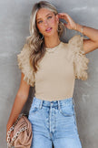 White Dotty Mesh Ruffle Sleeve Ribbed Knit Top