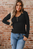 Black Lace Neckline Button Decor Lettuce Edge Long Sleeve Ribbed Top