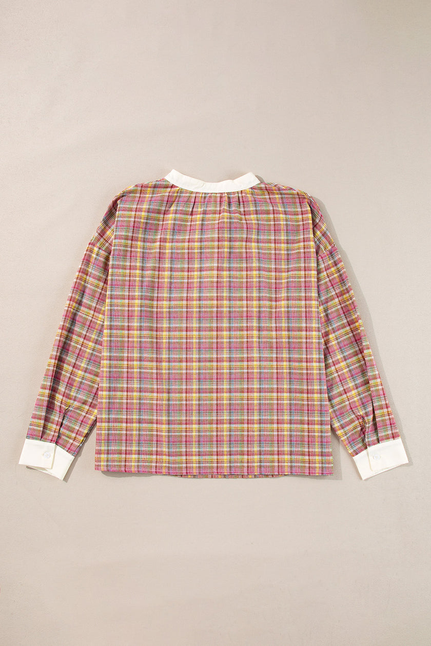 Ροζ μπλούζα Henley με καρό μοτίβο και σχέδιο patchwork