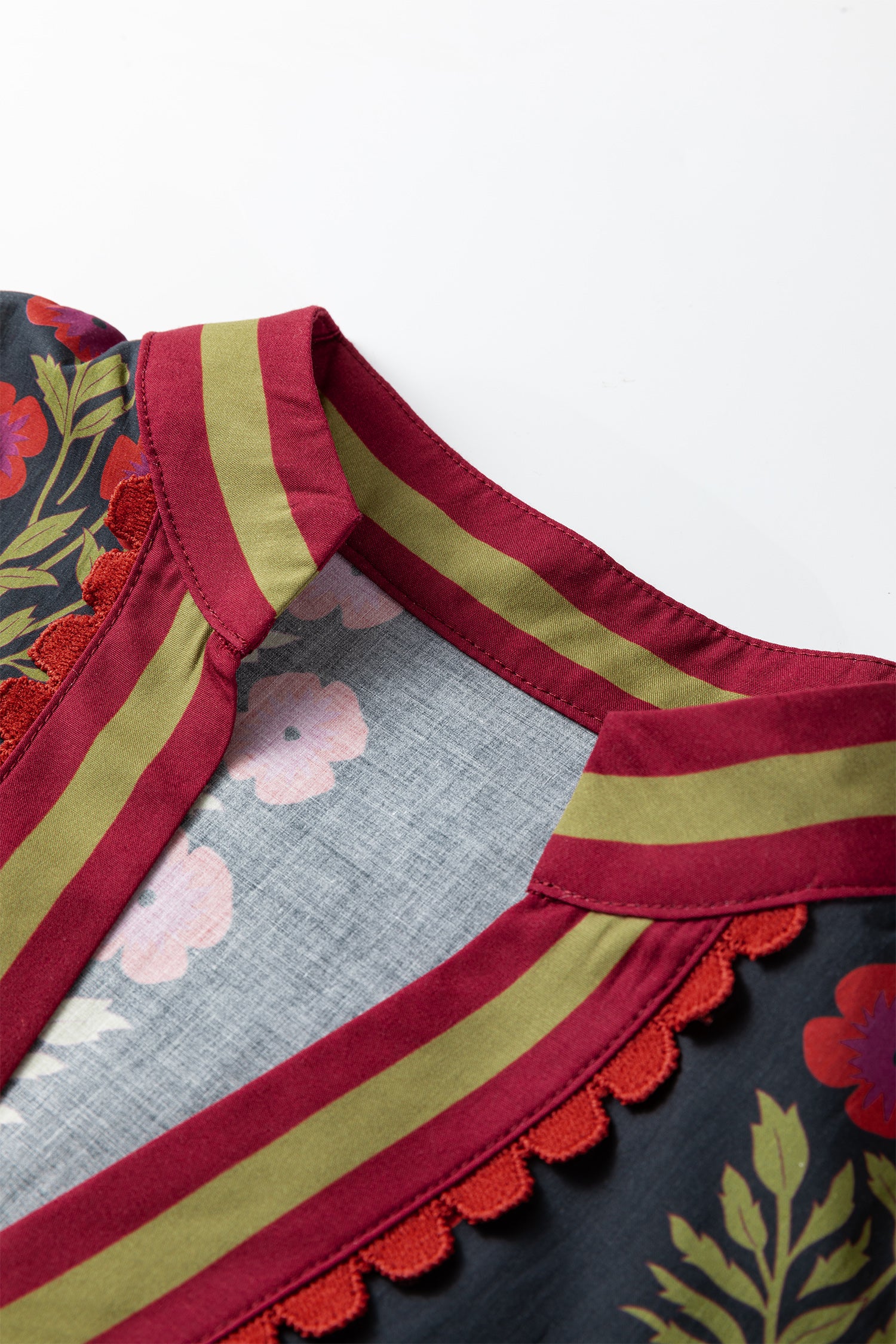 Black Floral Short Bubble Sleeve Contrast Slit Neckline Blouse